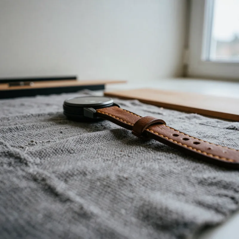 Kuvituskuva: rannekellon nahkahihna ja kellokotelo harmaalla kankaalla.